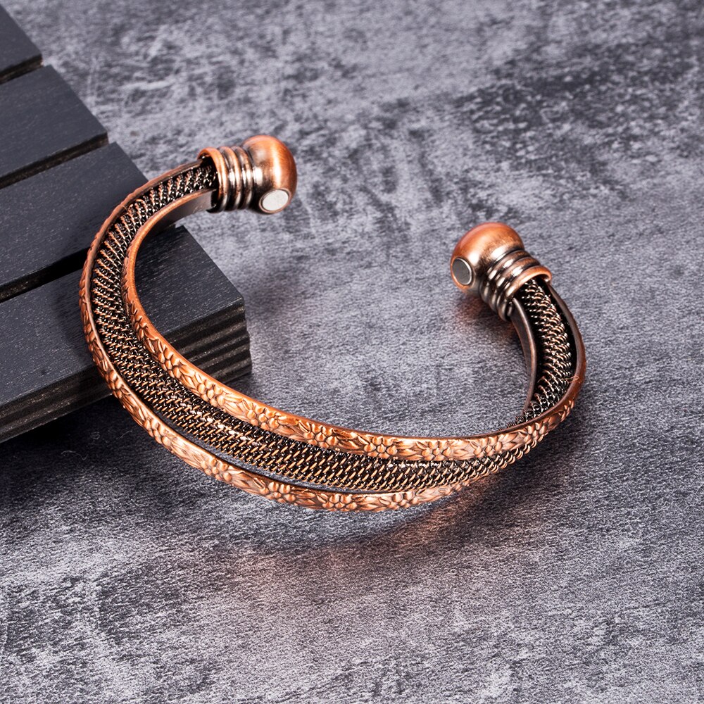 Vinterly torcido pulseira de cobre flores vintage energia magnética pulseira ajustável aberto manguito pulseiras presentes para mulher
