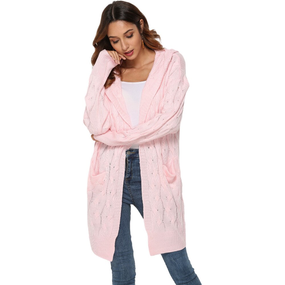 Otoño e Invierno nueva de las mujeres de la ropa de color puro de punto twist de manga larga con capucha suéter cardigan sin botón chaqueta