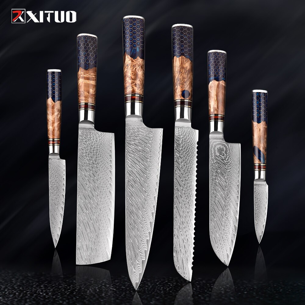 XITUO-Juego de cuchillos de cocina de acero damasco, 67 capas, afilados, duraderos, cuchillo de corte multifuncional, mango de panal de resina azul