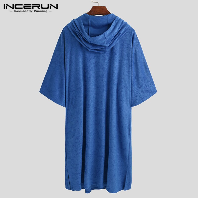 Men Bathrobes Solid Hooded Half Sleeve Leisure Towel Robes Comfortable Homewear Mens Nightgown Bathrobes Poncho INCERUN S-5XL