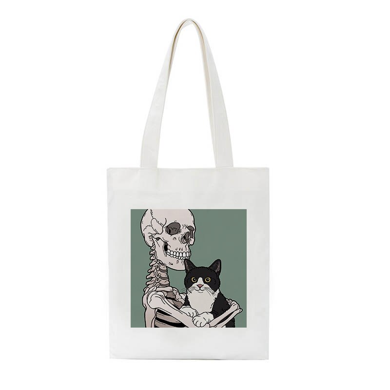 Schädel und Nette Katze cartoon druck Frauen Vintage casual chic frauen zipper große-kapazität leinwand neue Goth ins schulter taschen: 2