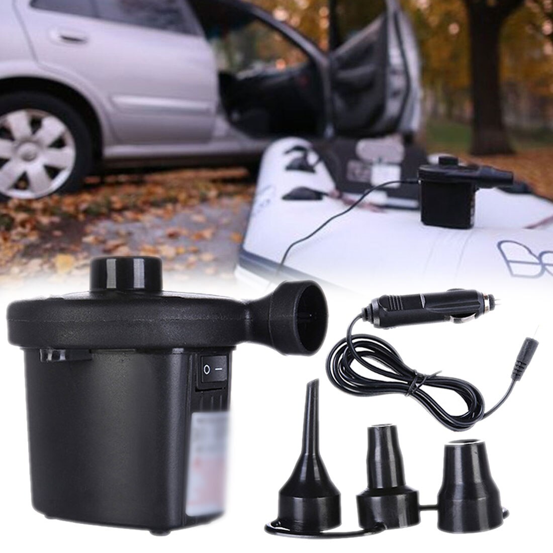 12V Inflatable Boat Pump Air Mattress Camping Pump Portable Car Air Compressor Pump Car Electric Inflatable Pump with 3 Nozzles