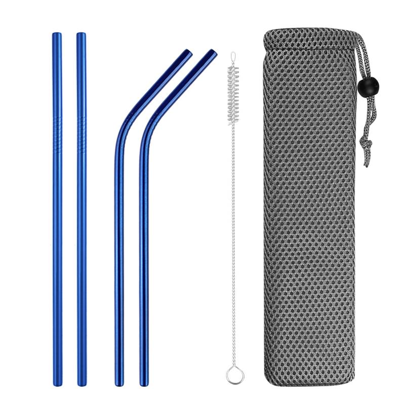 Metal straws stainless steel straw reusable black straws metal drink straws reusable Drinking Straws glass straw portable straw: Blue 4pcs B