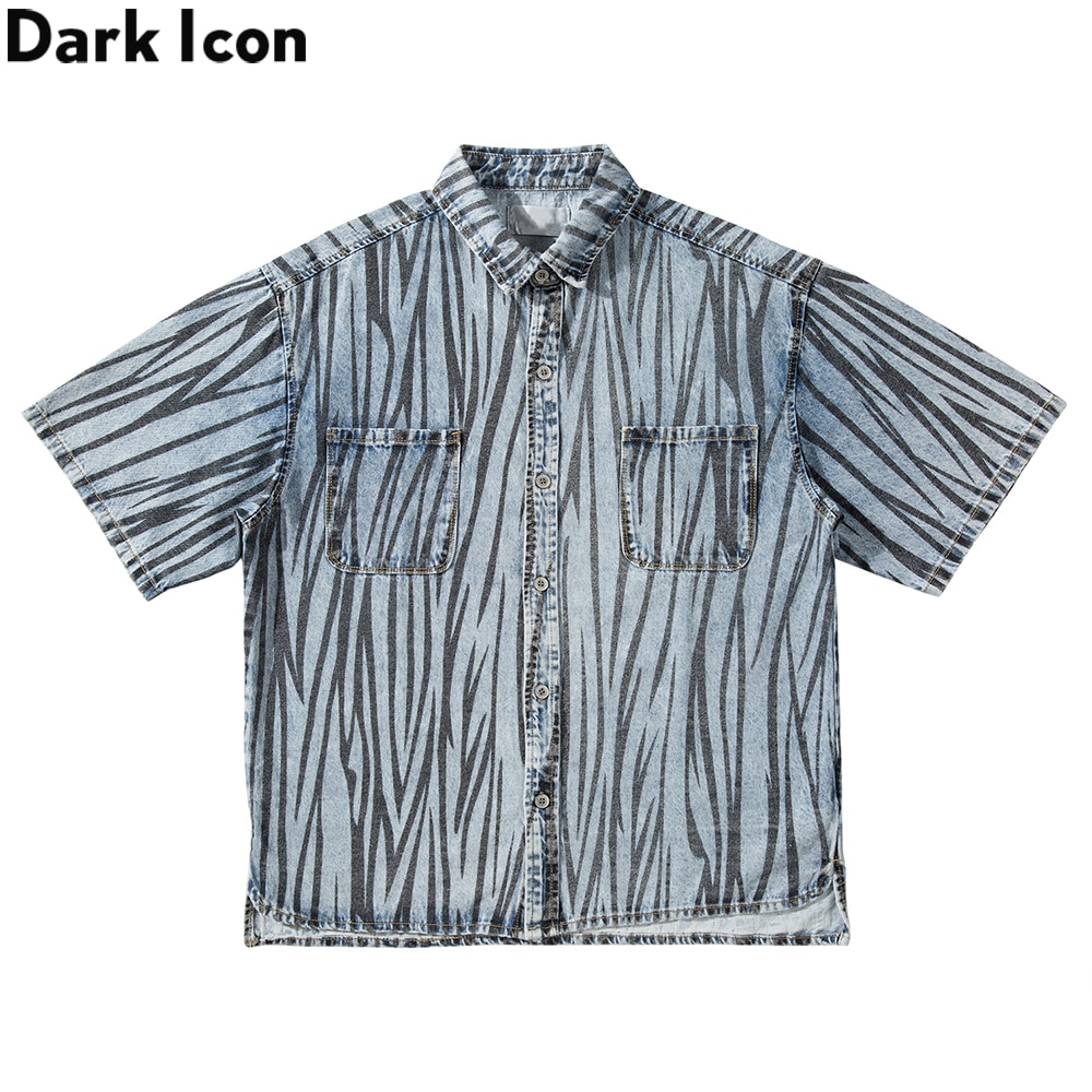 Dark Icoon Zebra Denim Shirt Mannen Zomer Voor Korte Rug Lange Mannen Shirt Streetwear Kleding