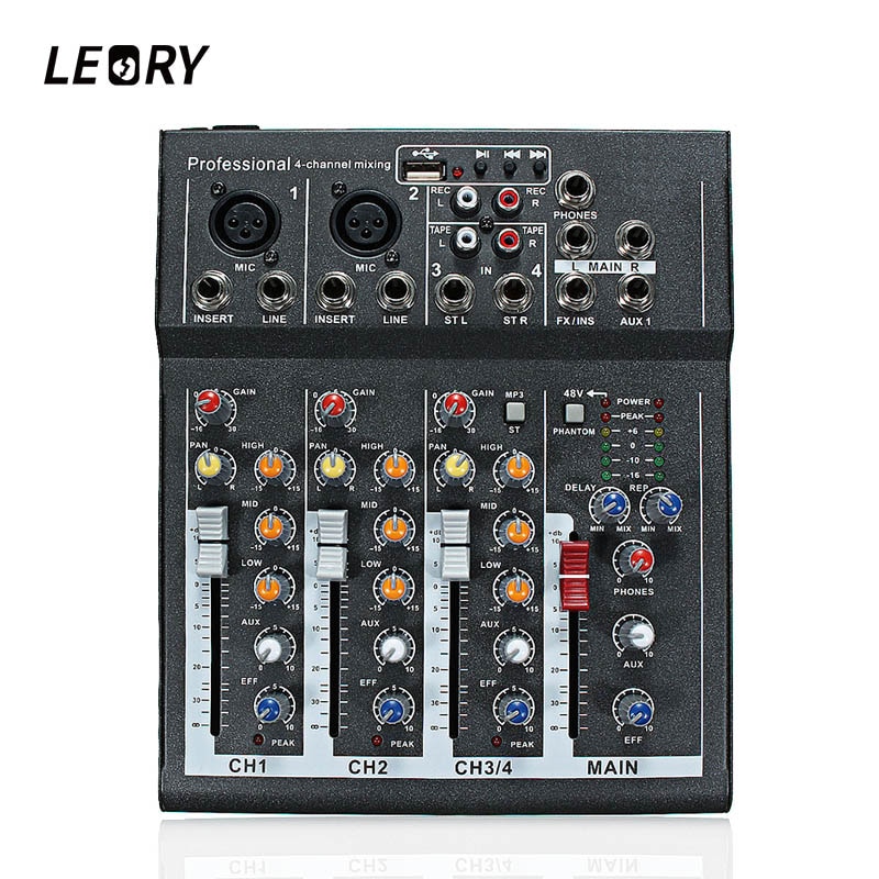 LEORY Mini Draagbare 4 Kanalen Professionele DJ Audio Karaoke Mixing Console Met USB 48V Power Metal Digitale DJ Geluid mixer