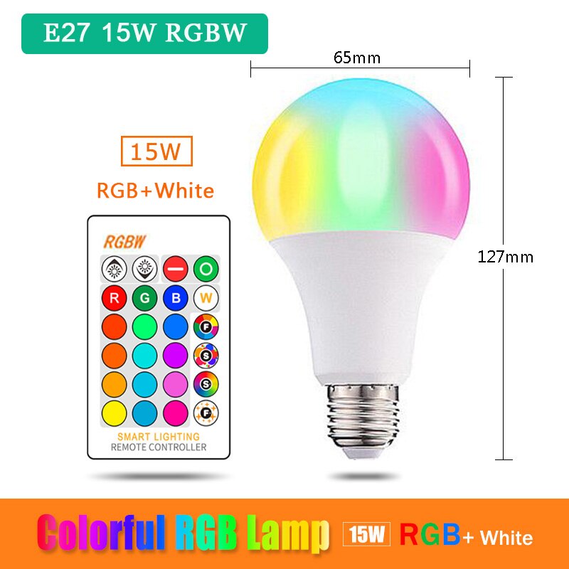 Bluetooth  e27 b22 rgbw led pære lys 5w 10w 12w 15w 110v 220v lampada skiftende farverige rgb led lampe med ir fjernbetjening: E27 15w rgbw