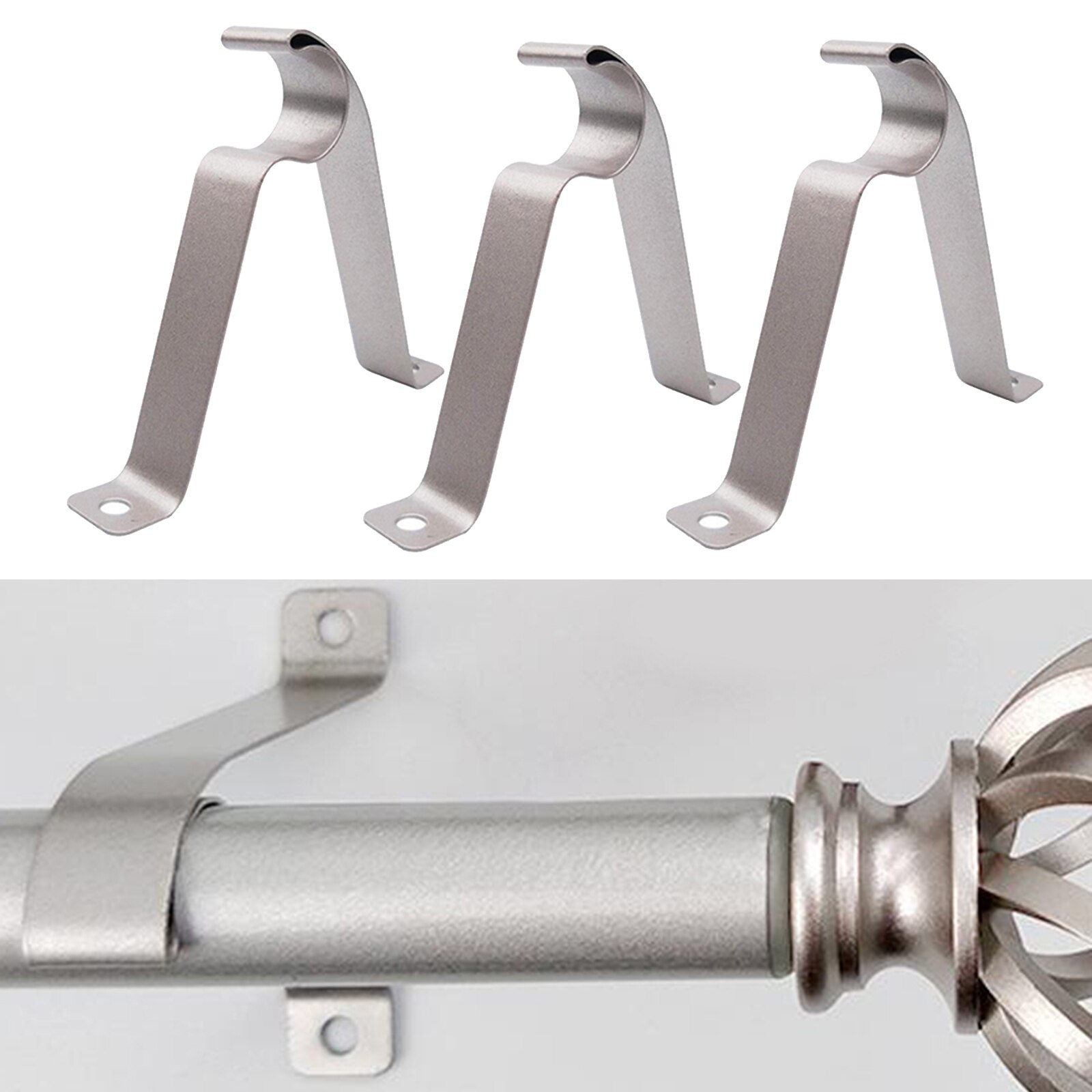 3pcs Curtain Rod Brackets Heavy Duty Metal R Type Rod Holders Support Curtain Pole Wall Brackets with Screw: 19mm silver