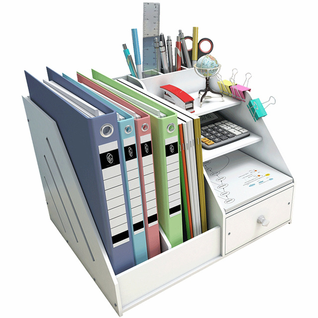 Multi Use Desktop Stationery Organizer Box With Document File Book Stand and Pen Holder Drawer Rack for Memo Note Pad