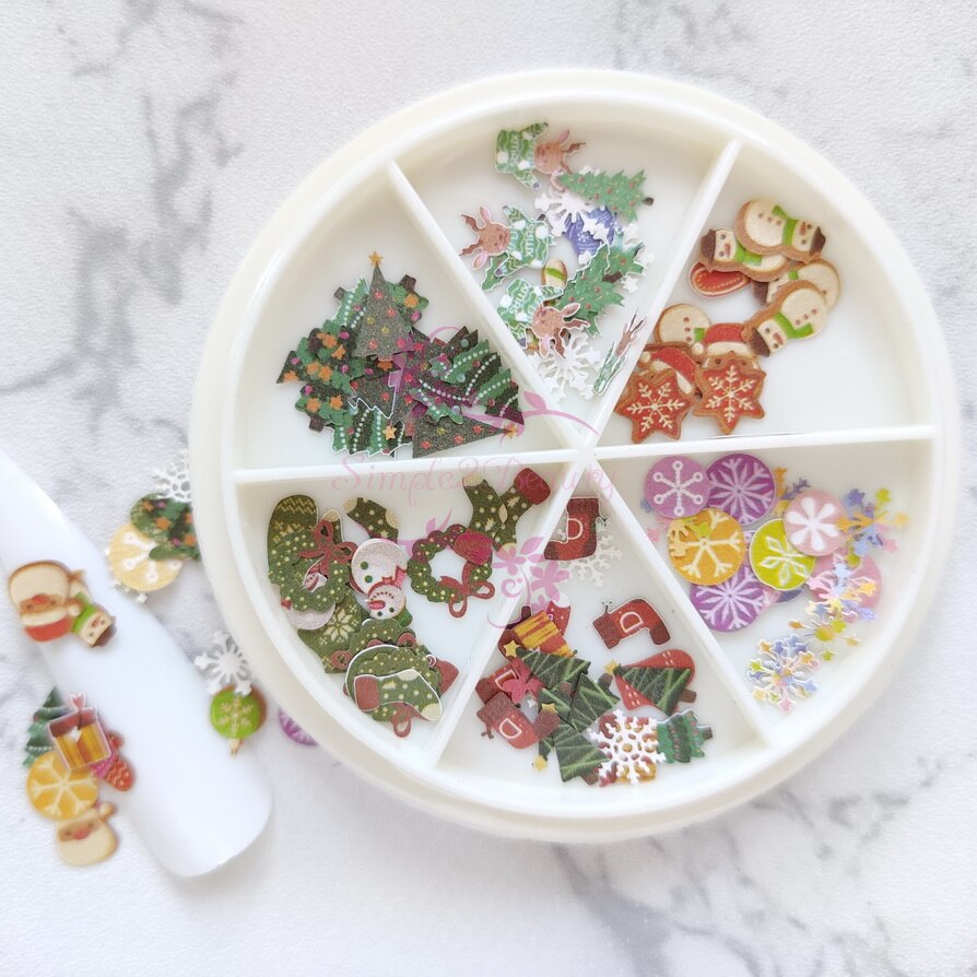 Japanese Style Xmas Tree Snowflake Santa Simulation Wood Pulp Slices Sequins 3D Nail Art Crafts Ornament DIY Decorations: Set B