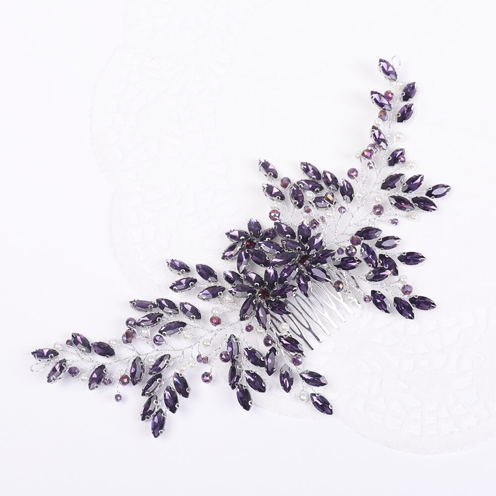 Peine grande para el pelo de novia, accesorio Vintage de plata con diamantes de imitación, perlas brillantes y cristales, tocado, pieza de cabello nupcial, boda: Morado