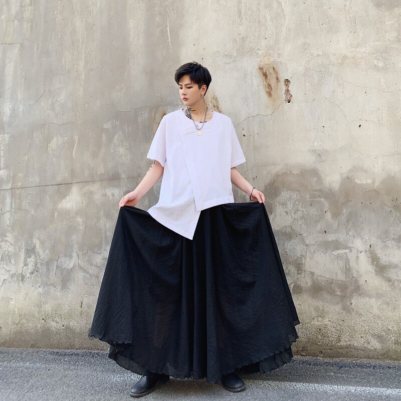 Pantalones de falda larga informales para hombre, ropa de calle Punk gótica, harén, ropa para amantes, color negro oscuro, japonés, novedad de verano de