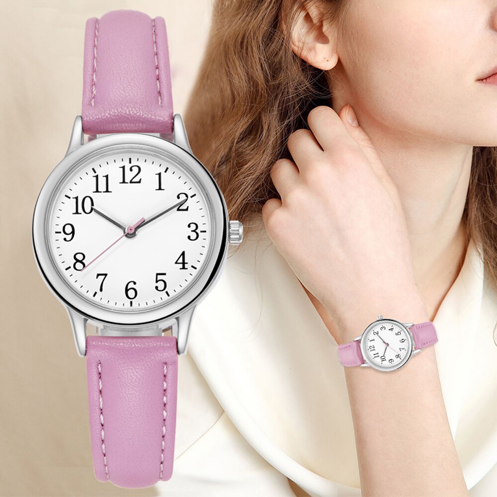 Montre à Quartz pour femmes, mouvement, chiffres arabes faciles à lire, cadran Simple, bracelet en cuir PU, couleur bonbon
