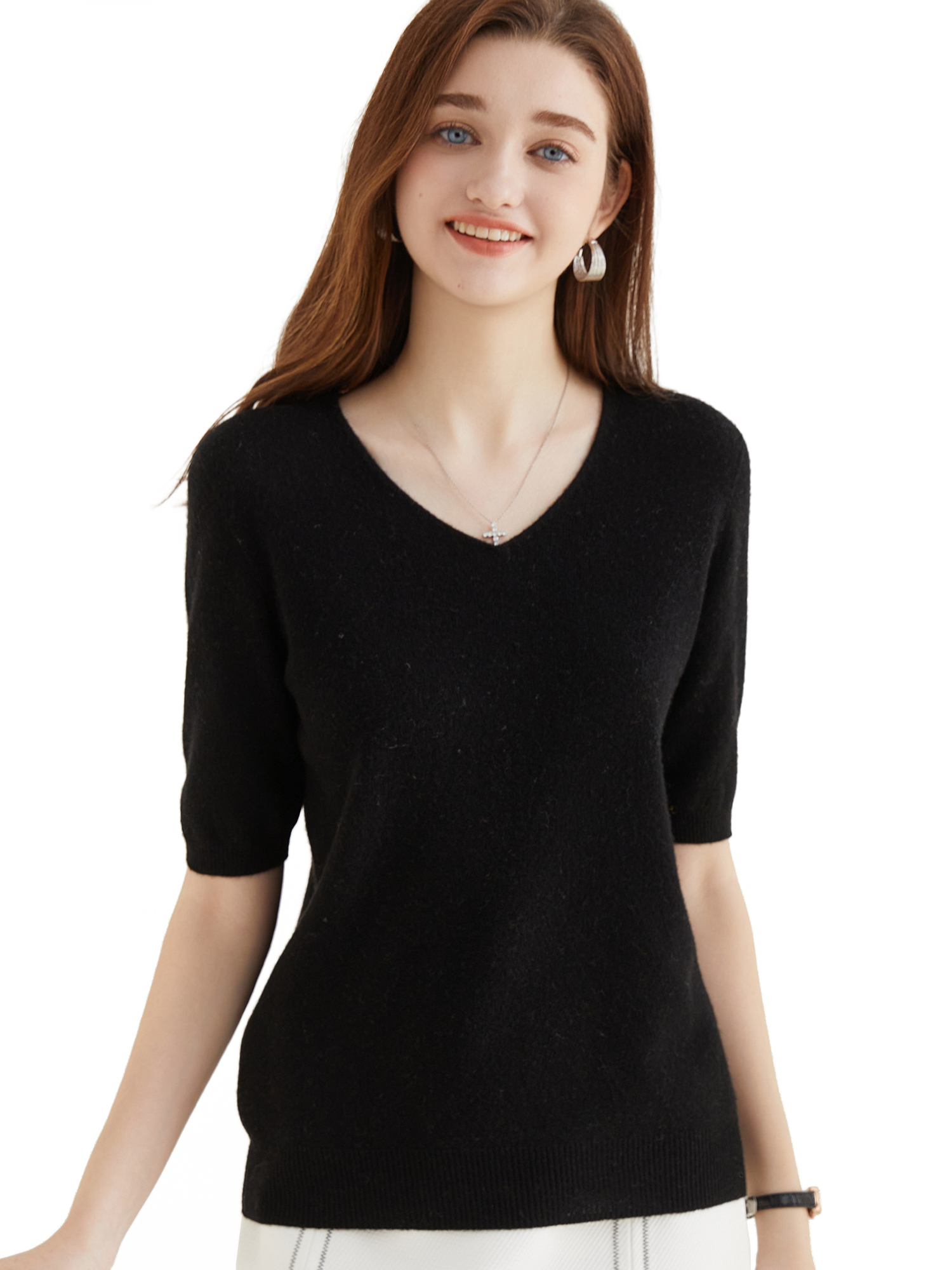 Women's Sweater 100% Merino Wool Sweater for Women Pullover Short Sleeve Tops Spring Summer V Neck Soft Knitted Female Clothing