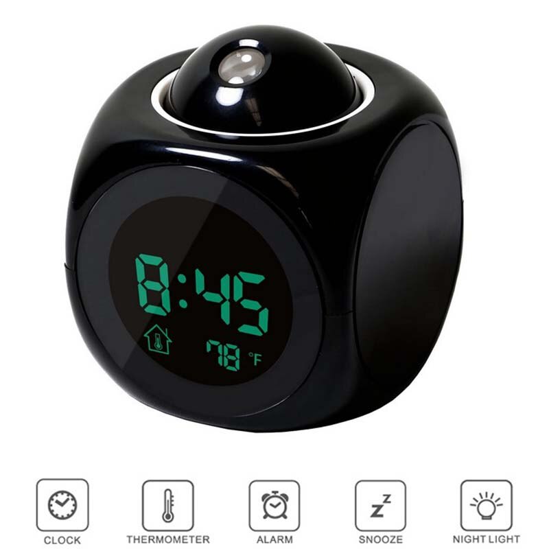 1PC Digital Alarm Clock Talking Voice Prompt Projection Snooze Popular Thermometer LED Display Time Multifunction: Black