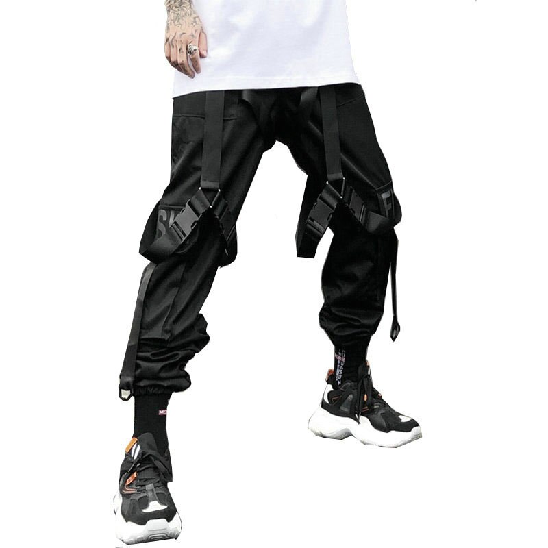 Pantalones Cargo con bolsillos a la cadera para hombre, ropa de calle de , harén, Harajuku, cinta, color negro,: L