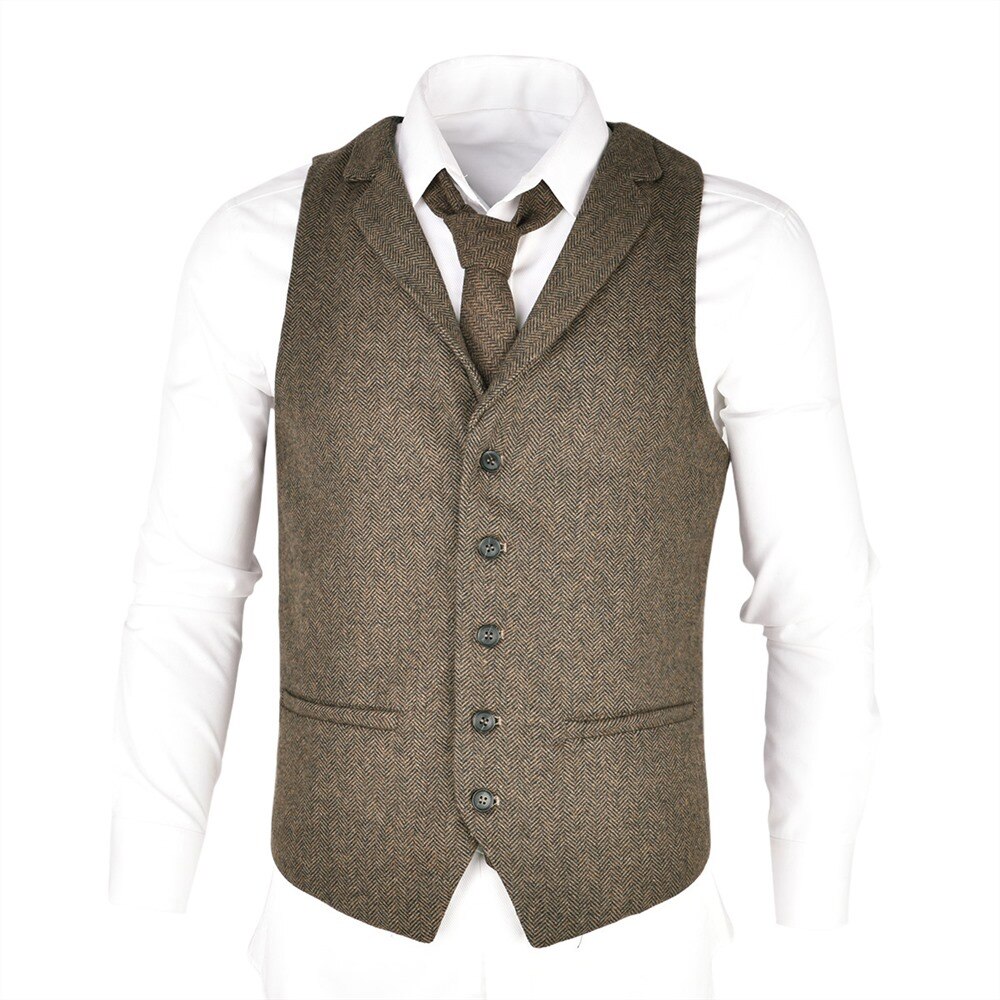 VOBOOM Wool Blend Tweed Herringbone Vest Coat Men Khaki Single-Breasted Notched Lapel Waistcoat 018