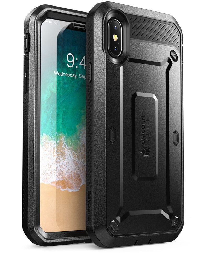 SUPCASE-funda resistente de cuerpo completo para iPhone X, XS, Series UB Pro, con Clip, Protector de pantalla incorporado: Black