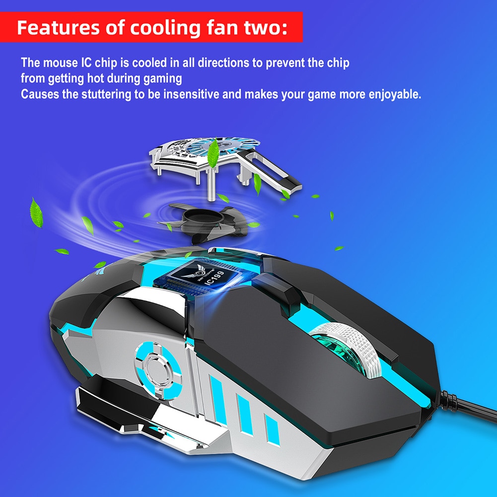 Gaming Mouse with Cooling Fan 1000-1600-6400 DPI Optical Mice for PC Gamer Laptop Desktop Computer Mouse