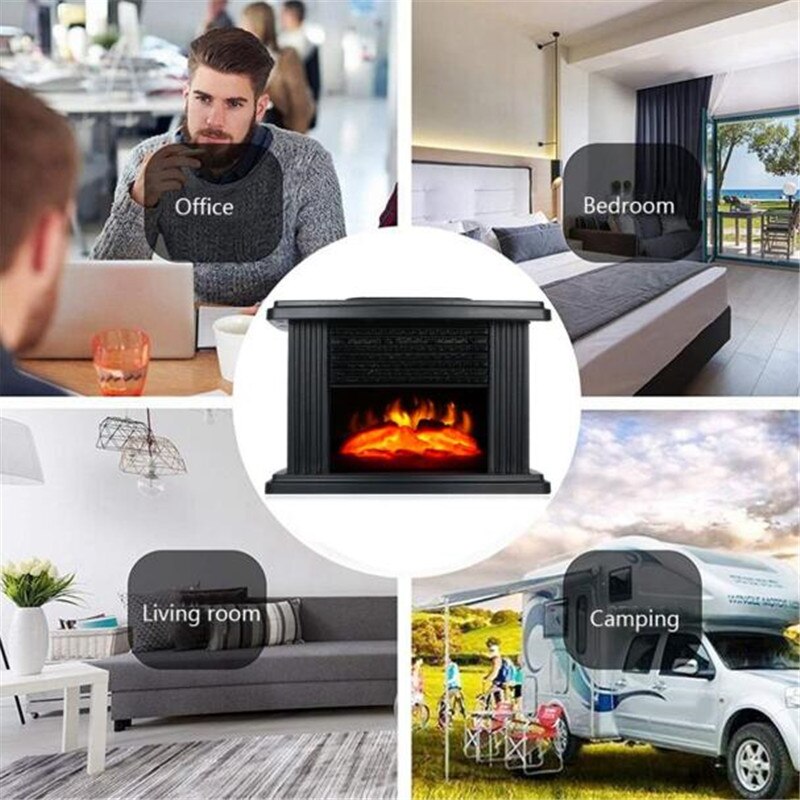 1000W Desktop Mini Electric Fireplace Heater with Log Flame Effect Warm Air Heater Fan Desk Table Heating for Winter Smart Home