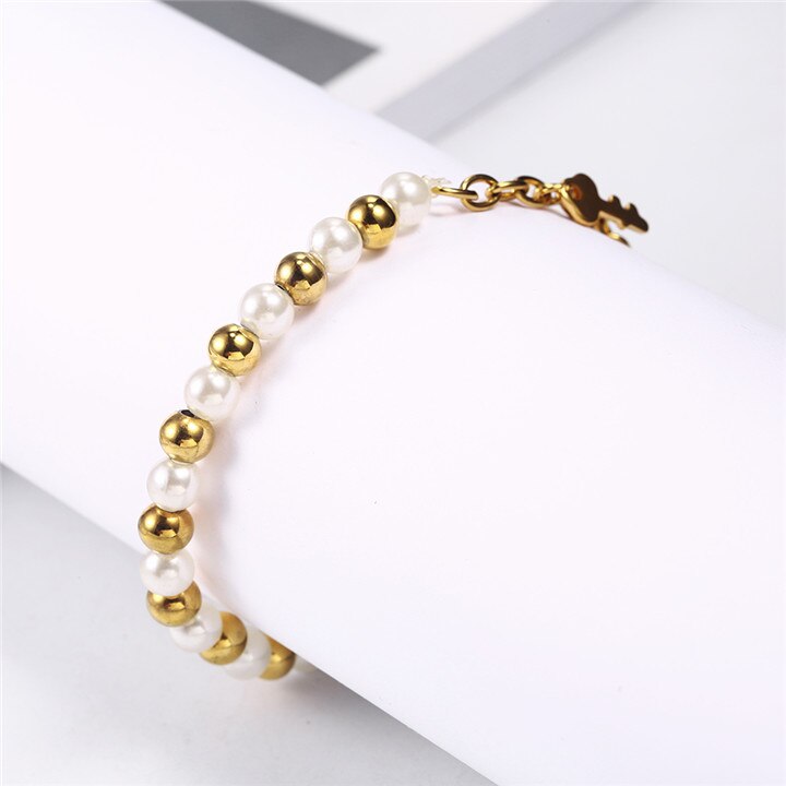 OUFEI, pulsera con dijes, accesorios de joyería, joyería de acero inoxidable para mujer, , pulsera de bolas de acero perlado, brazaletes para mujer: Default Title