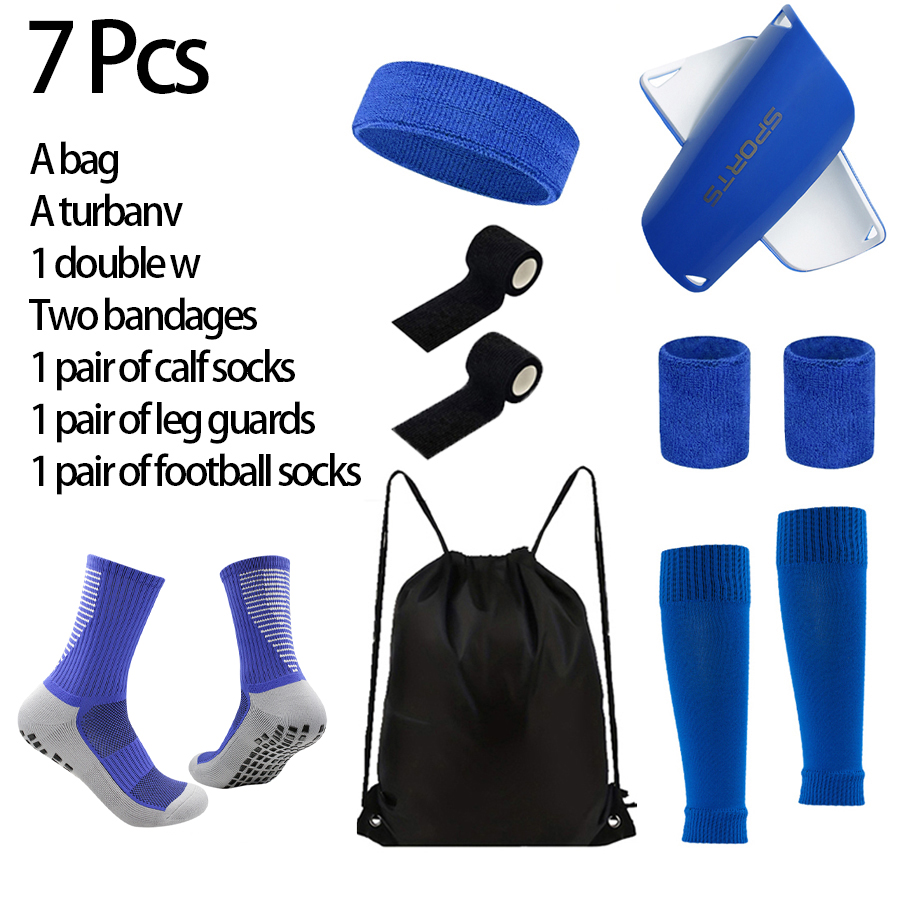 7- delad dragskoväska för män, fotbollsstrumpor, benskydd, 1 par vadstrumpor, 2 armband, 1 par bandage och pannband: Blå