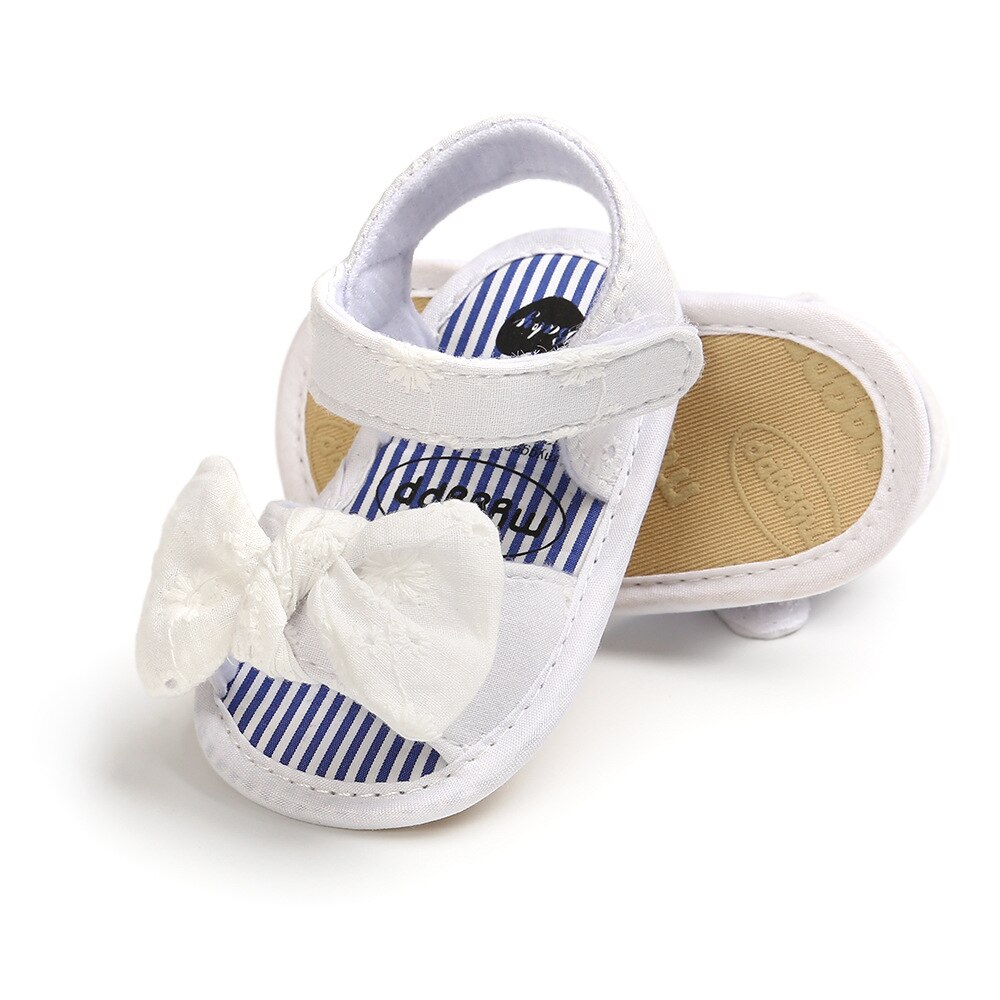 Novedad de verano, sandalias para niñas pequeñas, lindos lazos florales de encaje, zapatos para niñas pequeñas, sandalias de algodón suave con suela para bebés de Color sólido, zapatos para bebés: White / 7-12 meses
