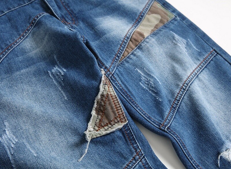 Kimsere herre revet jeansbukser med skrog lappet nedtrykt denim bukser kamuflasje lappeteppe pluss størrelse 29-42