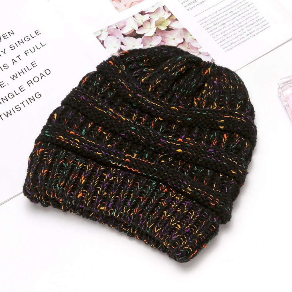 Ponytail Beanie Women's Girls Stretch Knitted Wool Crochet Hats With Label Caps Messy Bun Holey Warm Hat Winter Warm Cap Beanies