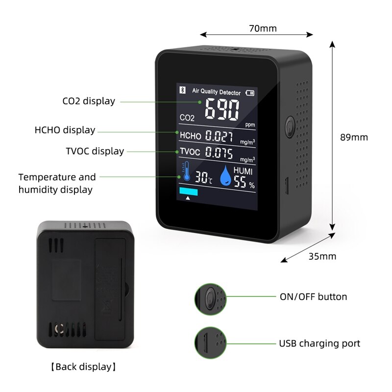 5 In 1 CO2 Meter Temperature Humidity Sensor Air Monitor Carbon Dioxide TVOC Formaldehyde HCHO Detector