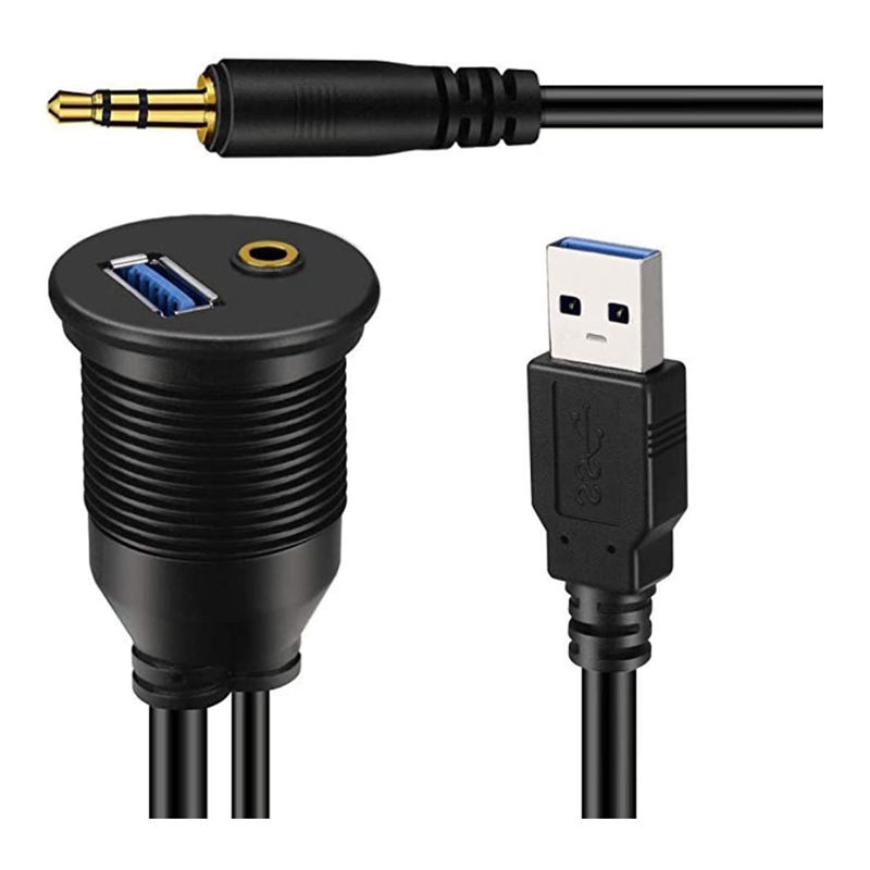 Usb Auto Mount Kabel 3.5Mm + USB3.0 Aux Extension Dash Panel Waterdicht Mount Kabel Voor Auto Boot En Motorfiets-3Ft