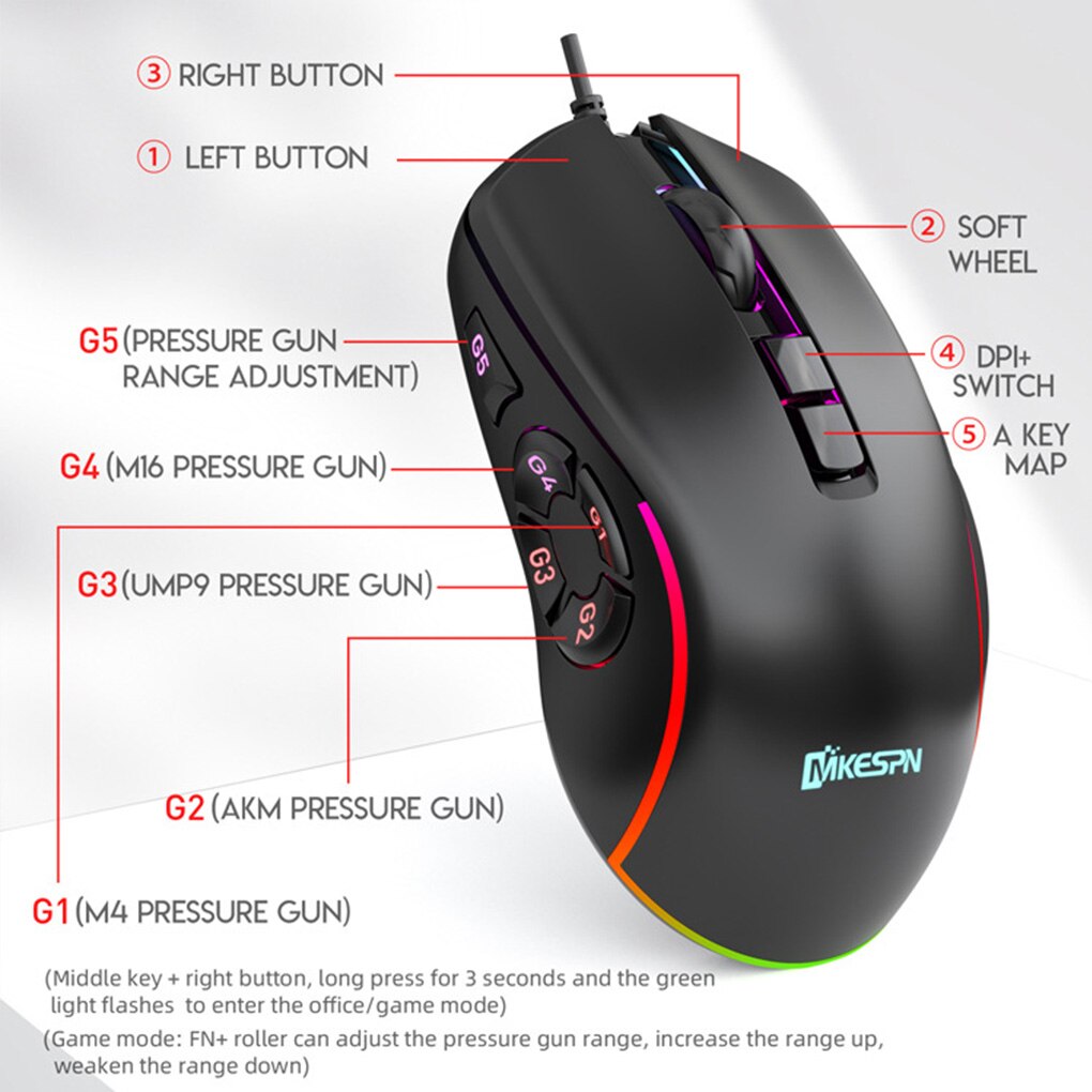 7200DPI 10 Buttons 7 Colors Ergonomic Programmable 6-speed Gaming Mouse RGB Lighting Suitable for games offices Wired Mouse