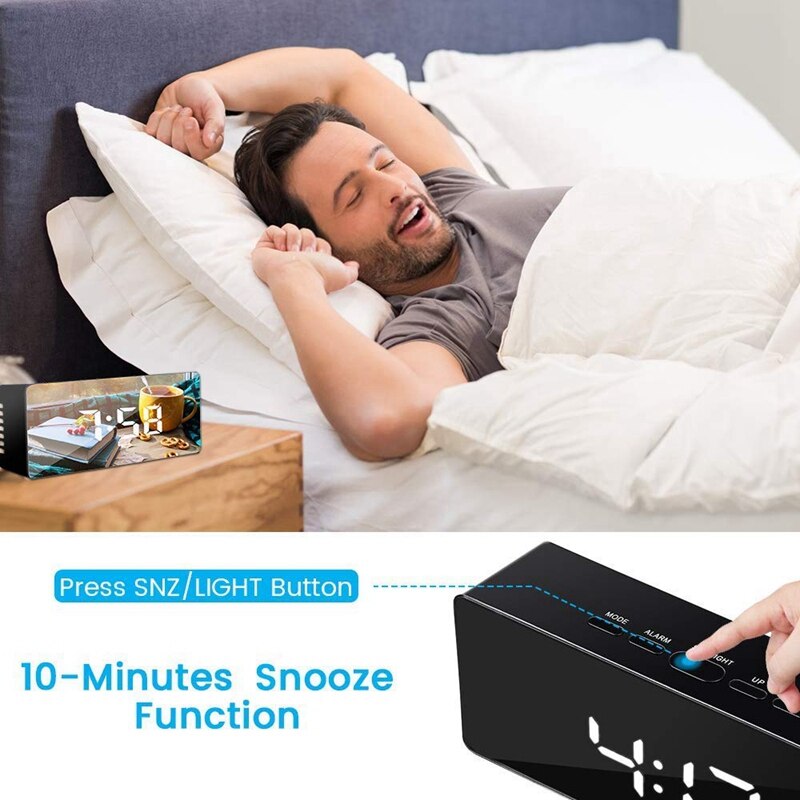 Digital Alarm Clock,Alarm Clocks for Bedrooms,LED Alarm Clock with Mirror Function,USB Port Charging,Battery Powered,Snooze,Temp