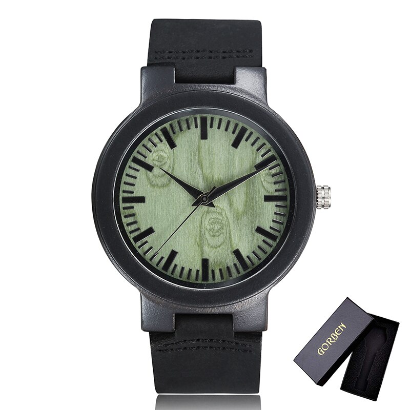 Houten horloge uniek geelgroene wijzerplaat polshorloge kwarts leren houten horloge heren dames romeinse cijfers casual klok: W025 met doos