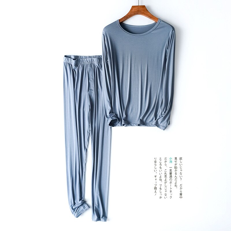 Pyjama en coton Modal pour homme, vêtements de nuit à manches longues, couleur unie, ample, grande taille, tenue de maison, printemps, 95%: Light Blue Set / XL(70-80kg)
