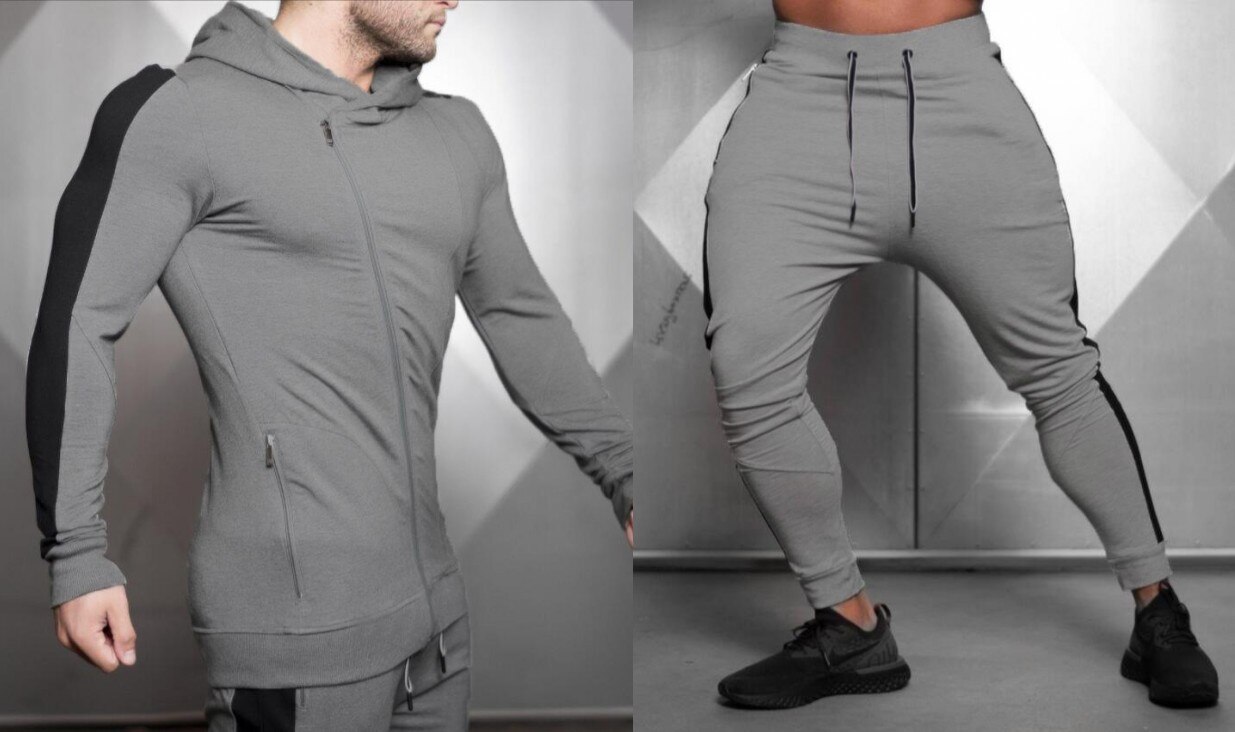 Vêtements de Sport pour homme, veste et sweat-shirt ample, pantalon, Fitness, entraînement, sweat à capuche zippé, survêtement: dark grey sport set / L