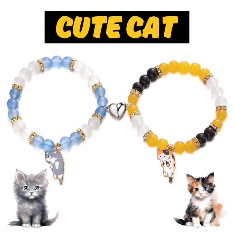 2 uds pulseras magnéticas para parejas amor en forma de corazón atracción a juego gato gatito colgante pulsera mujeres hombres amante joyería de boda: Color amarillo dorado claro