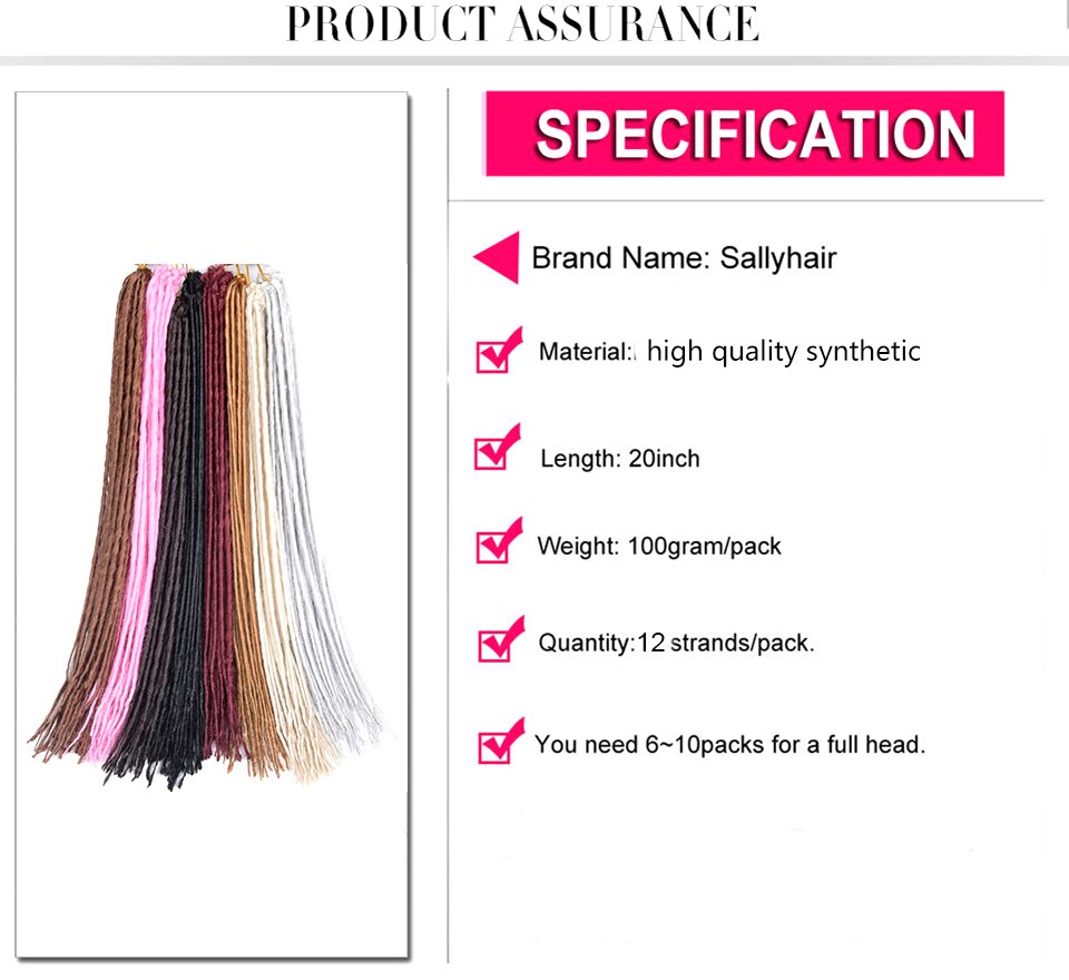 Sallyhair Synthetic Dreadlocks 1 Pack 12strands 20inch Braiding Hair Extensions Crochet Braids Hair White Pink Black