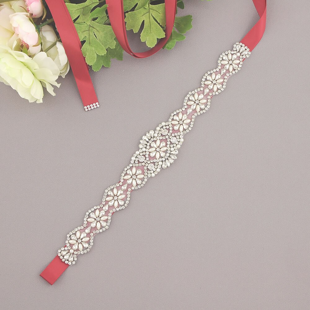 S161-S Luxe Bruid Jurk Riemen Met Strass Bruids Bruiloft Accessoires Riem Voor Vrouwen Trouwjurk Parel Riem Formele Riemen: Wine red