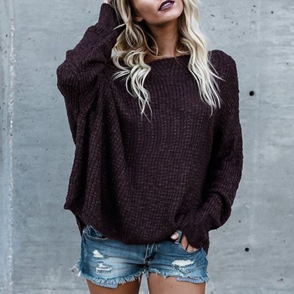 Damebluse efterår vinter ensfarvet langærmet off shoulder strikket løs sweater dame rullekrave