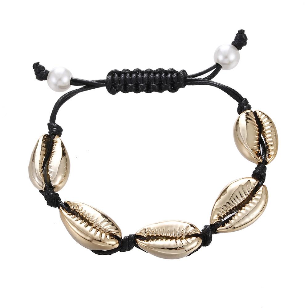 Natural Seashell Hand knit Rope Chain Bracelet Charm Bohemia Jewery Shell Bracelets Women Conch Beaded Strand Bracelets: Rhodium Plated