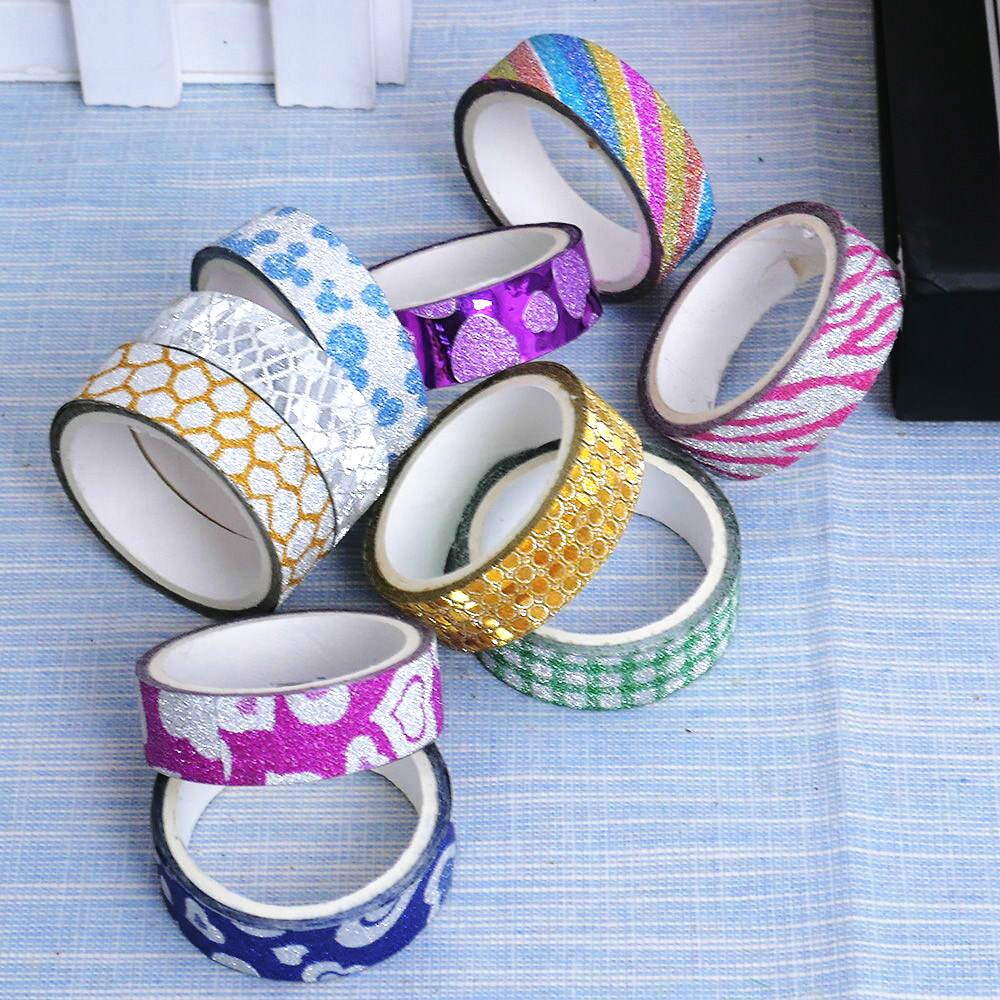 10 Stks/set Diy Zelfklevende Glitter Washi Masking Tape Sticker Craft Decor 15Mm X 3M