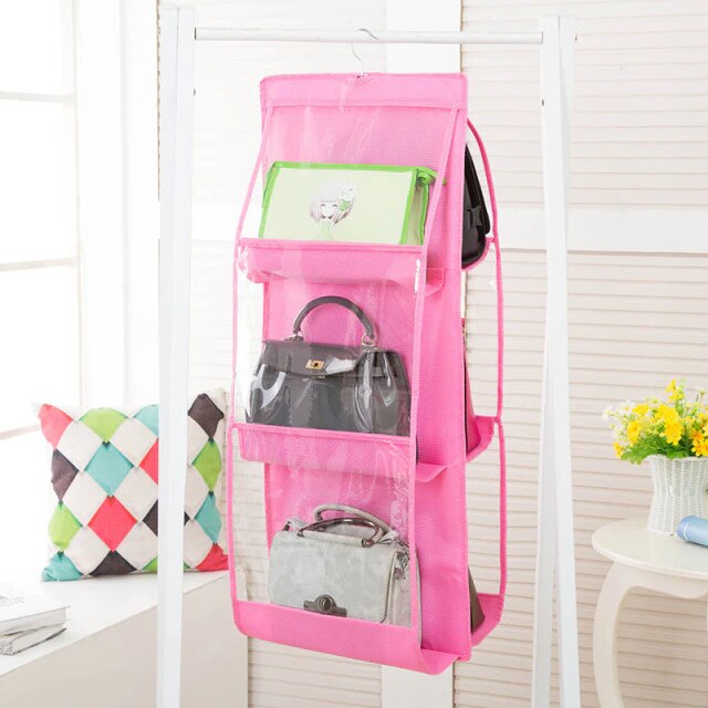 Hanging Handbag Organizer Soft Foldable Dust-Proof Storage Holder Bag Wardrobe Closet Wardrobe Storage Bag Storage: pink