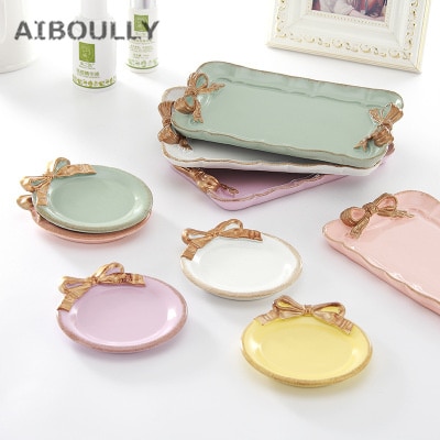 Sous-verre rétro européen en résine avec nœud papillon, assiette créative peinte à la main, soucoupe, bijoux, vaisselle, Table décorative, rangement de bijoux
