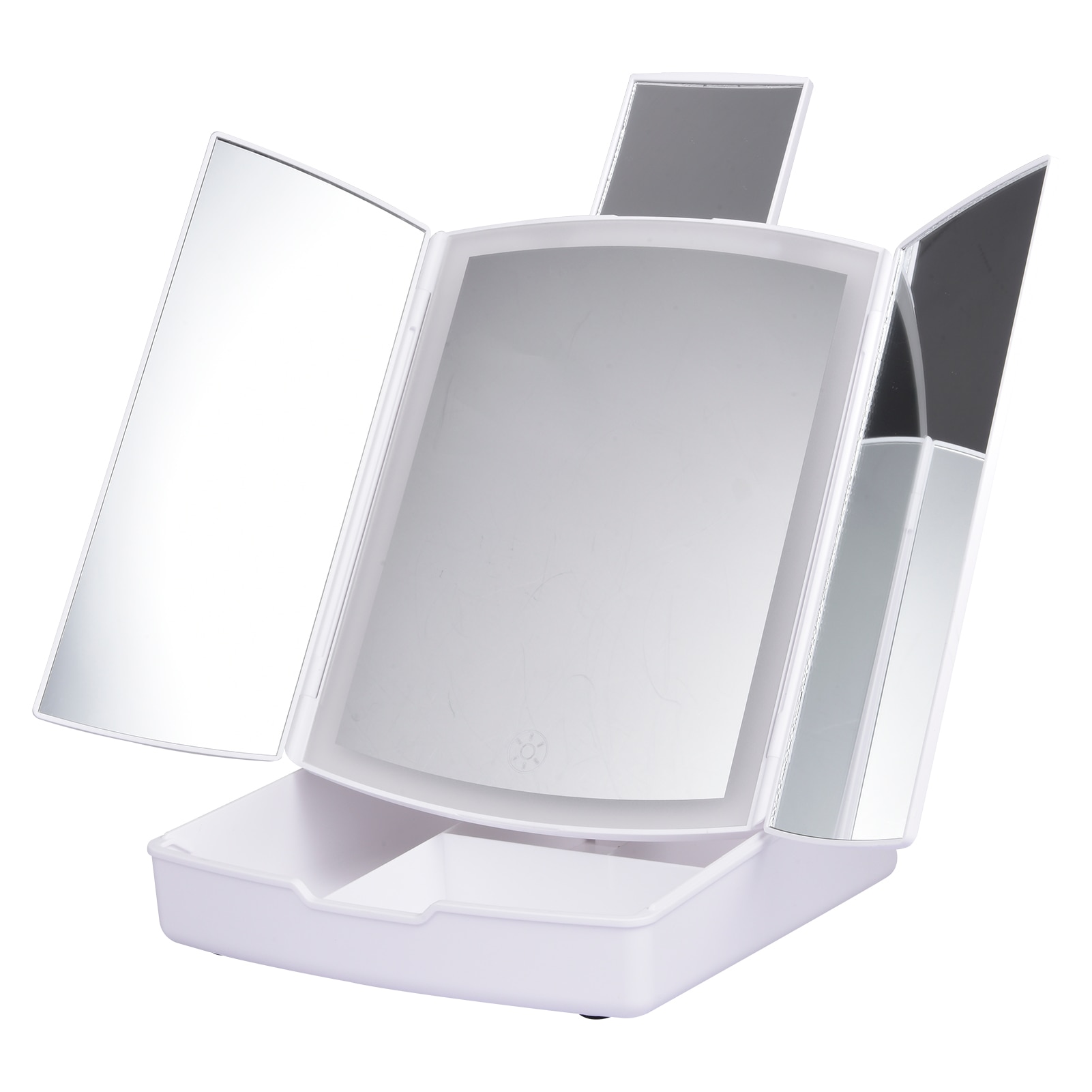 Lighted Makeup Mirror Trifold Vanity Mirror Touch Screen Dimming with Storage Tray ang 5x Magnification mirror