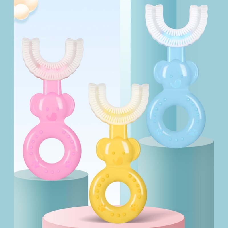 Cabeça macia da escova de dentes do silicone do produto comestível em forma de u das crianças, design oral da limpeza dos dentes de 360 ° para crianças e crianças
