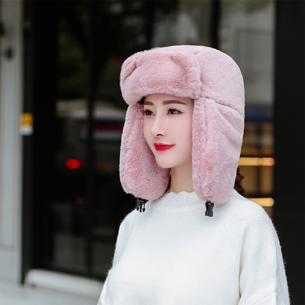 Women Faux Fur Trapper Hat Russian Ushanka Cossack Ski Earflaps Aviator Cap Winter Warm Velvet Bomber Hat: Pink