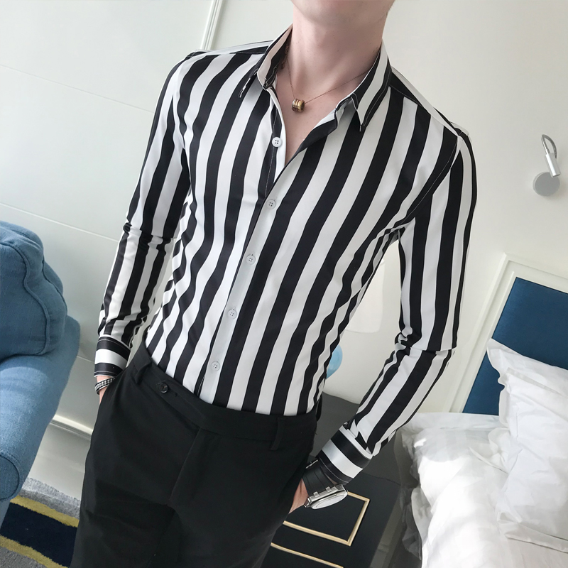 Stripet skjorte herre business slim langermet skjorte lav krage herre sosial klubb fritidsskjorte herre topp
