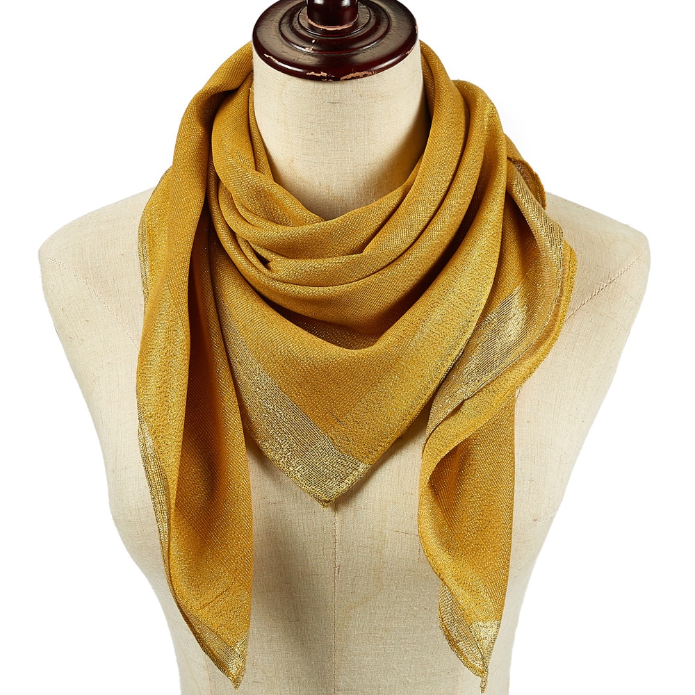 Foulard carré uni avec bordure en Lurex doré pour femme, châle léger, 90x90 cm