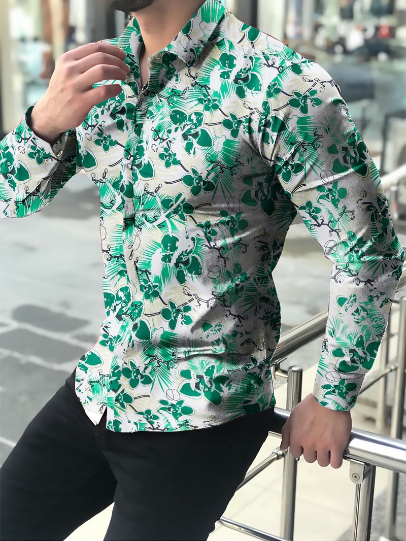 Camisas florales de manga larga de Otoño de para hombres camisas estampadas con flores de corte delgado para hombres cam