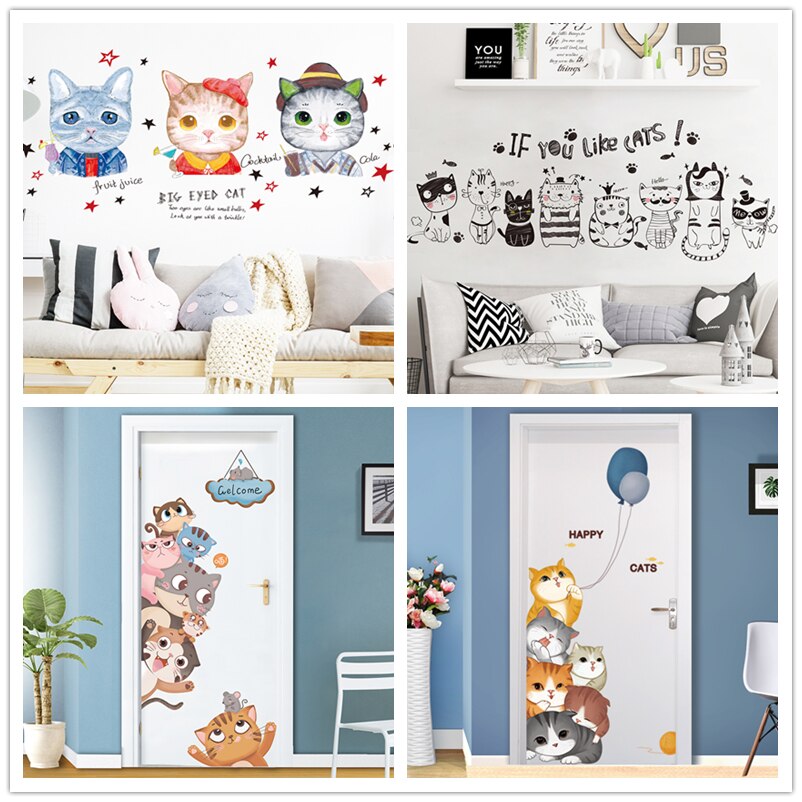 [Shijuekongjian] Cartoon Katten Muurstickers Diy Dieren Muurstickers Voor Kinderkamer Baby Slaapkamer Woonkamer Deur Thuis decoratie
